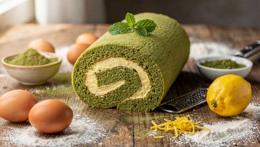Gâteau roulé au thé matcha et crème légère au citron