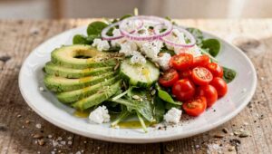 Salade composée à l'avocat et fromage de brebis : recette gourmande