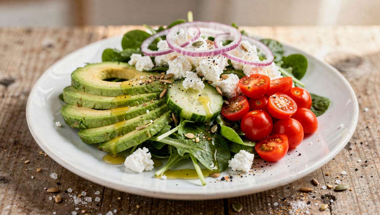 Salade composée à l'avocat et fromage de brebis : recette gourmande