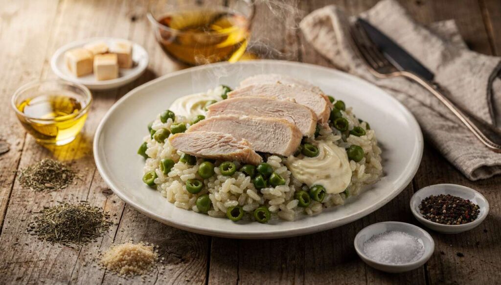 Émincé de poulet et risotto de haricots verts au fromage frais