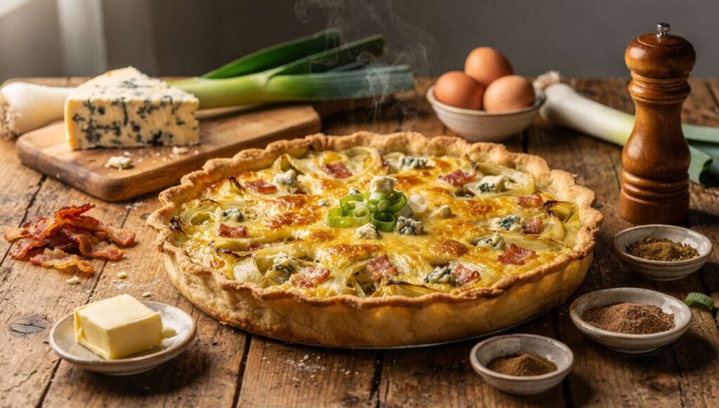 Tarte salée poireaux, lardons et bleu : recette gourmande