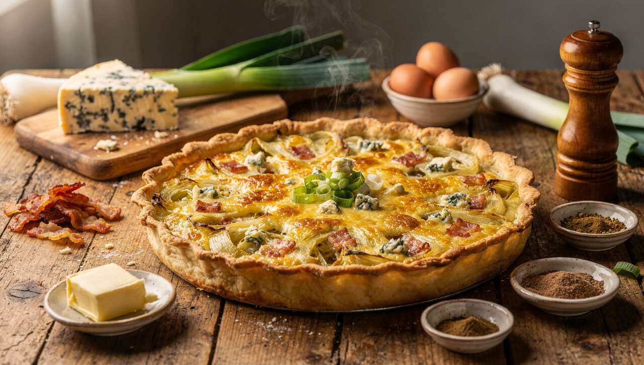 Tarte salée poireaux, lardons et bleu : recette gourmande