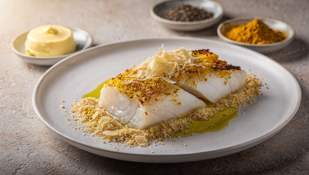 Cabillaud léger, crumble croquant au parmesan et curry