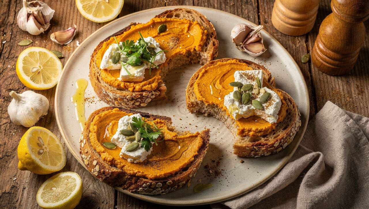 Tartines au houmous de patates douces et fromage frais : recette gourmande