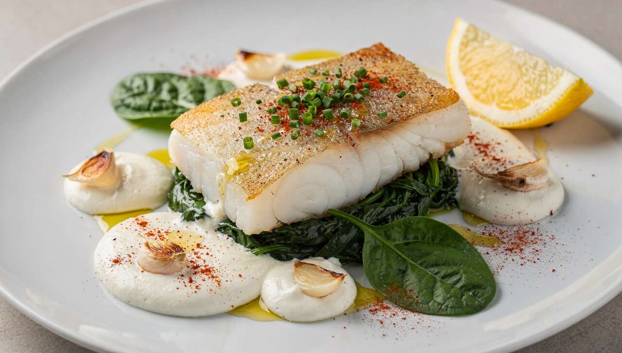 Pavé de cabillaud rôti, épinards à l'ail et crème de fromage frais