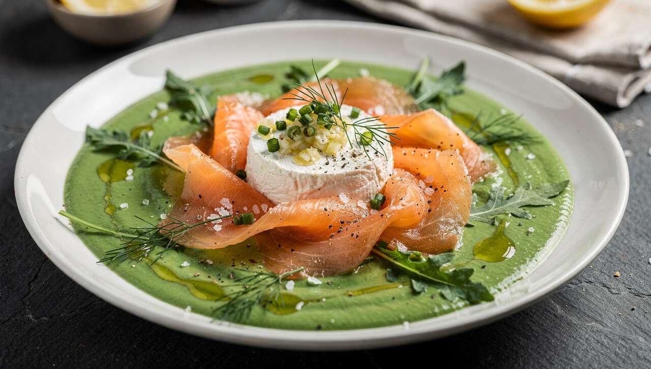 Corolle de truite fumée au fromage frais et velouté de petits pois à la roquette