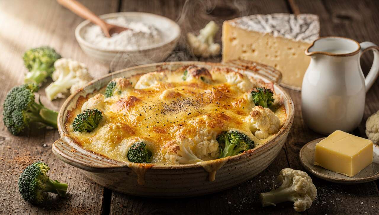 Gratin de brocoli, chou-fleur et comté : recette légère à la béchamel