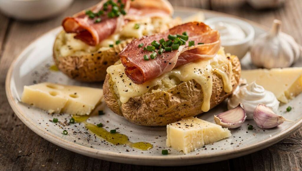 Pommes de terre farcies au jambon cru et fromage : savoureuse recette