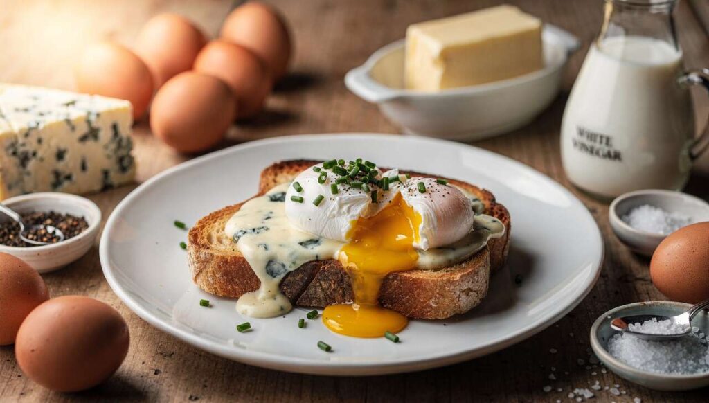 Oeuf poché sur pain toasté à la crème au bleu : recette gourmande