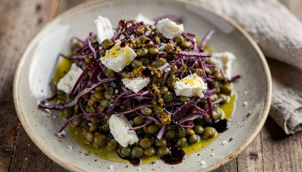 Salade lentilles, chou rouge et chèvre : recette savoureuse