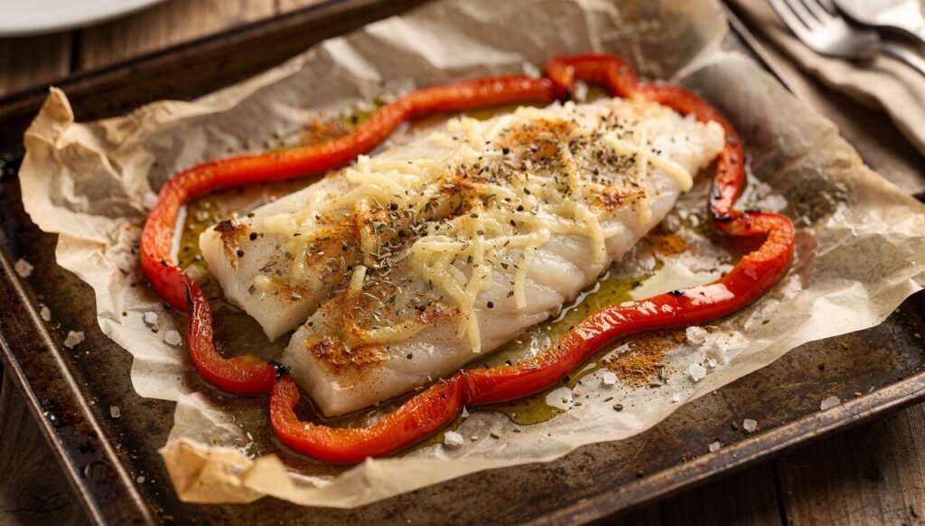 Papillote de cabillaud au fromage et poivrons