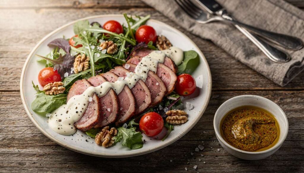Salade gourmande : magret de canard fumé et sauce au fromage frais