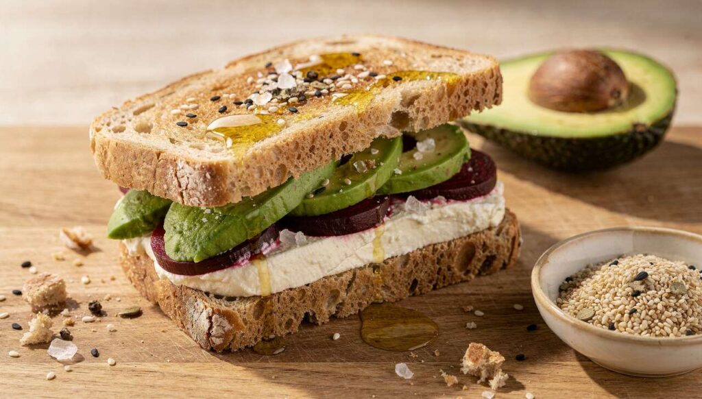 Recette délicieuse : sandwich avocat, betterave et fromage frais