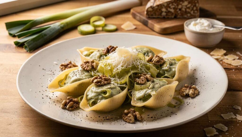 Conchiglioni aux poireaux et fromage aux noix : recette gourmande