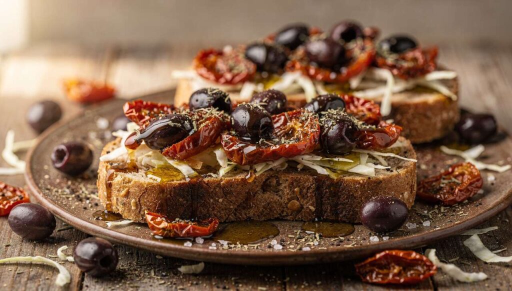 Recette de tartines légères tomates, olives et chou blanc