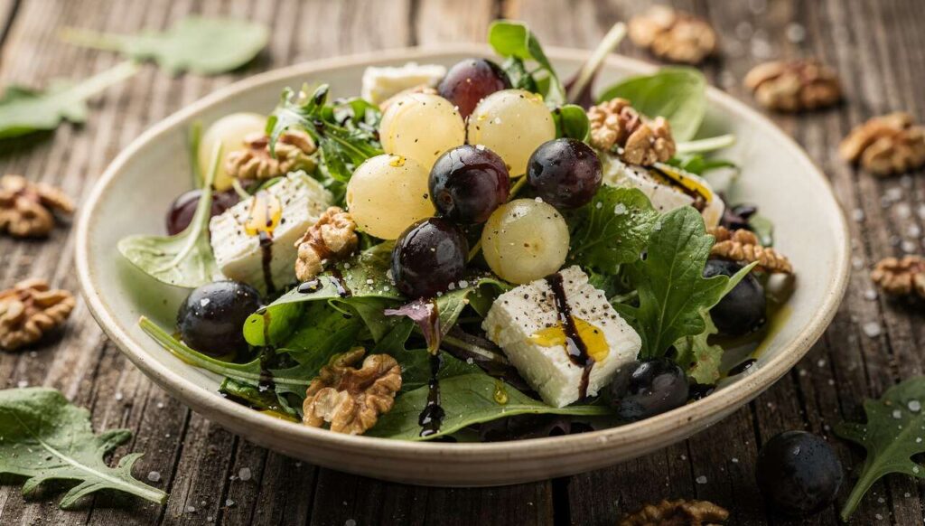 Salade verte aux raisins, noix et fromage de brebis : recette gourmande