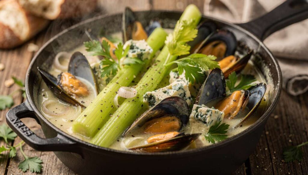 Cocotte de moules au céleri et bleu : recette savoureuse