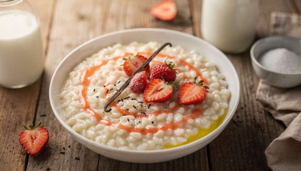 Riz au lait vanillé et coulis de fraises léger : recette gourmande et facile