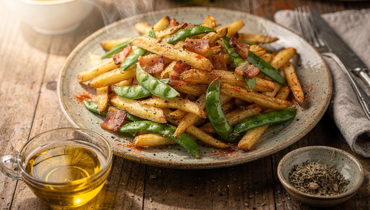 Poêlée légère de frites de pommes de terre aux lardons et pois gourmands