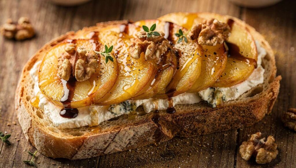 Tartine aux pommes caramélisées, fromage et noix : recette gourmande