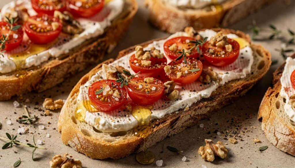 Tartine de Fromage de Chèvre Frais, tomates et Noix : la Recette Gourmande