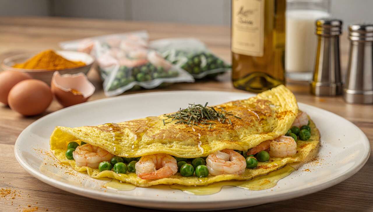 Omelette légère aux crevettes, petits pois et curcuma : recette savoureuse