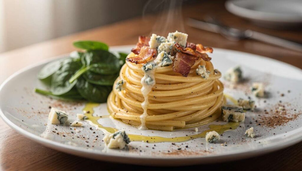 Recette pâtes épinards bacon sauce au bleu