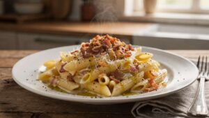 Recette de pâtes au lard et sauce aillée