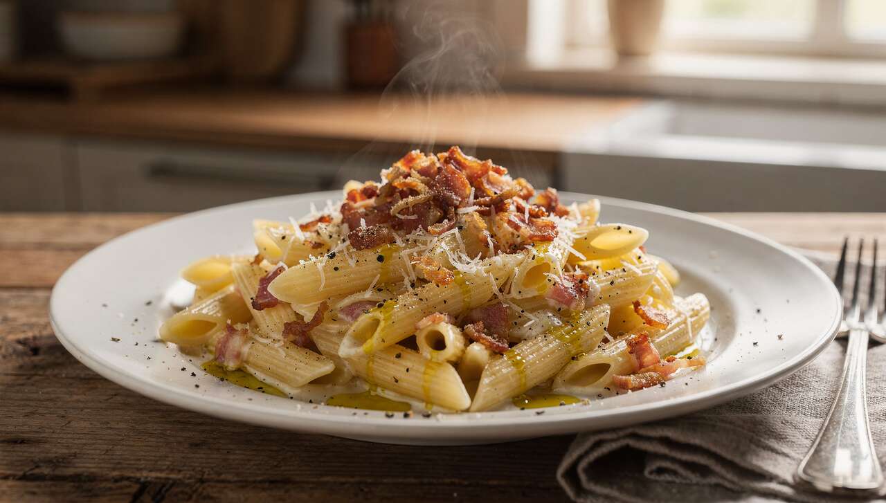 Recette de pâtes au lard et sauce aillée