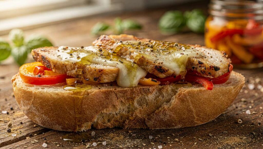 Recette Bruschetta : poivrons, poulet et Fromage
