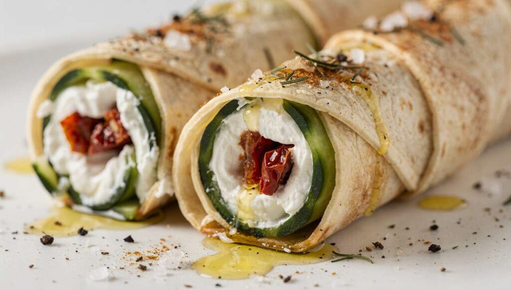 Roulés aux concombres, tomates confites et fromage frais : recette savoureuse