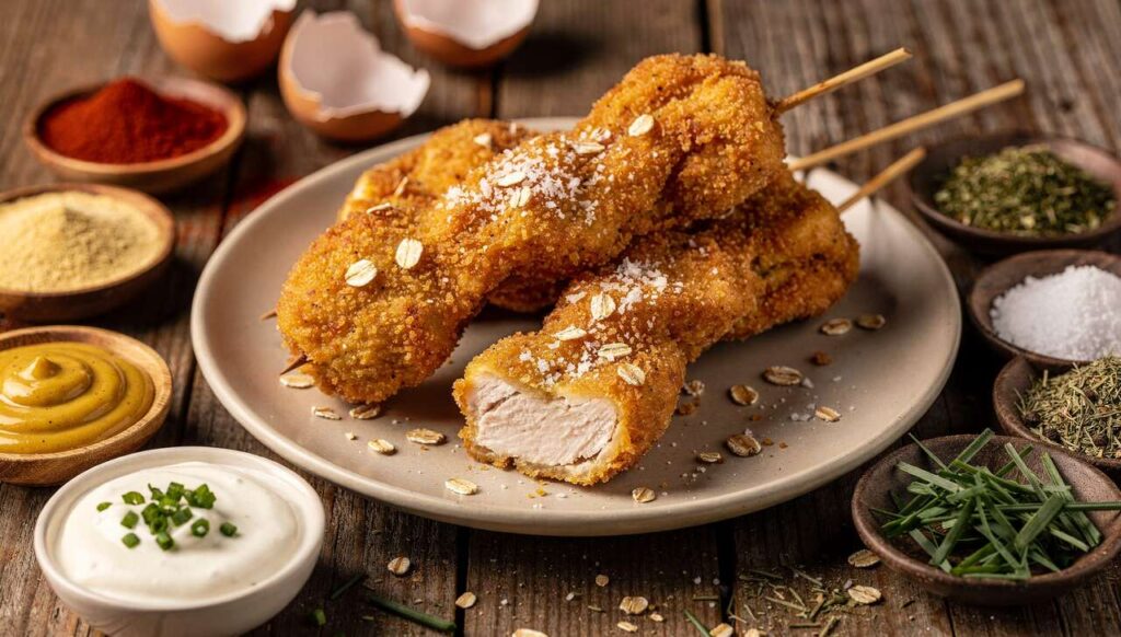 Brochettes d'aiguillettes de poulet panées légères : recette avec sauce au fromage blanc et fines herbes