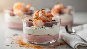 Verrines crevettes et mousse de betterave légère : recette fraîche et gourmande