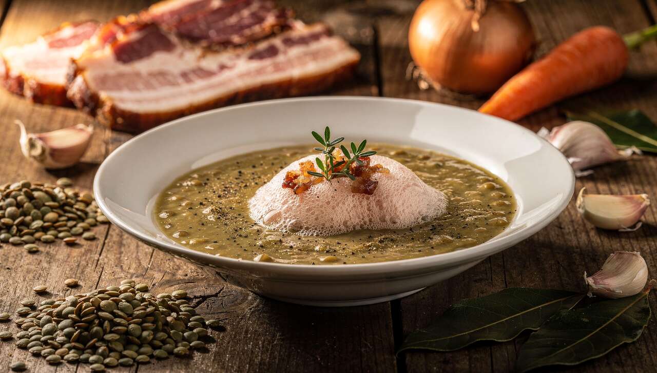 Crème de lentilles et mousse de lard fumé : la recette gourmande