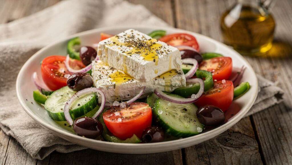 Salade grecque au fromage de brebis : recette savoureuse et facile