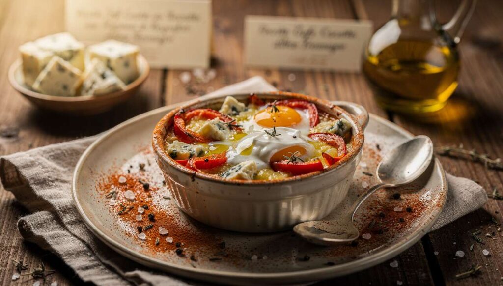 Recette Œufs Cocotte aux Poivrons et Roquefort : délice Fromager