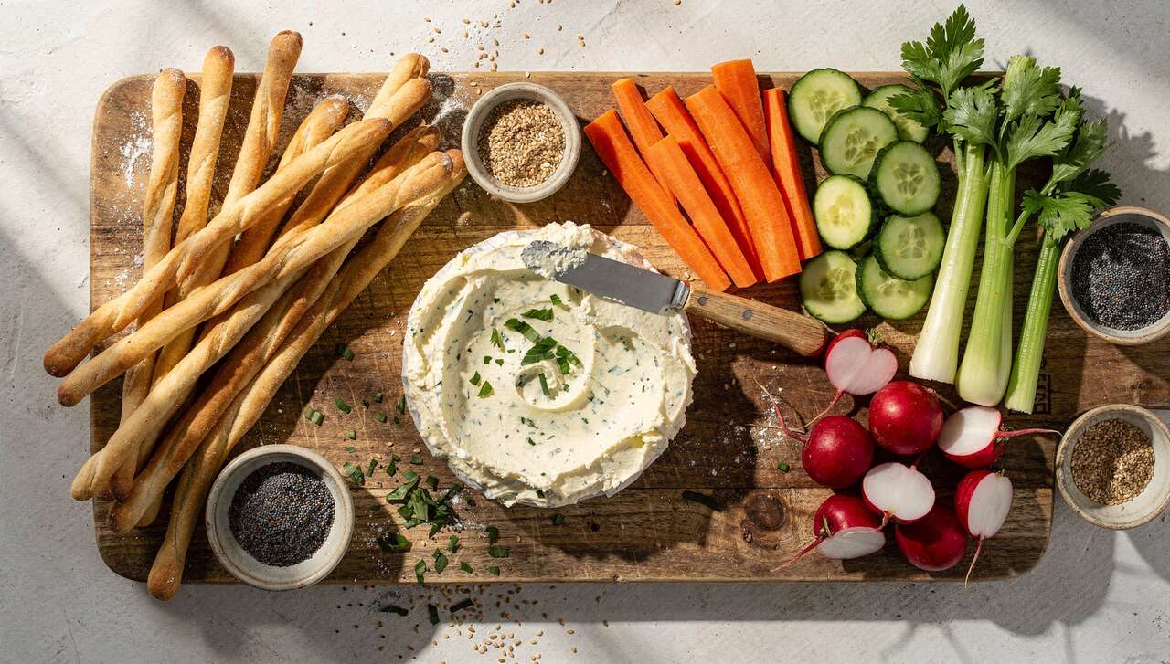 Recette de gressins maison, crudités et fromage ail et fines herbes