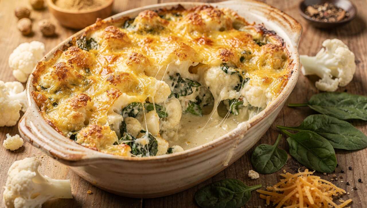 Gratin de chou-fleur et épinards au cheddar râpé : recette savoureuse
