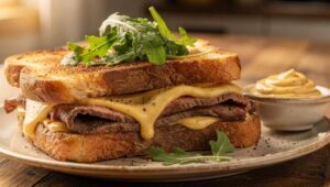 Croque-monsieur au maroilles, bœuf et roquette : la recette savoureuse