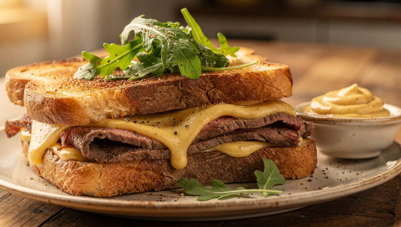 Croque-monsieur au maroilles, bœuf et roquette : la recette savoureuse
