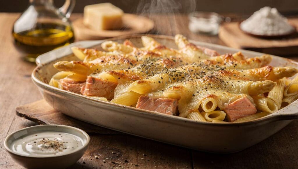 Gratin de pâtes au micro-ondes avec saumon, asperges et parmesan