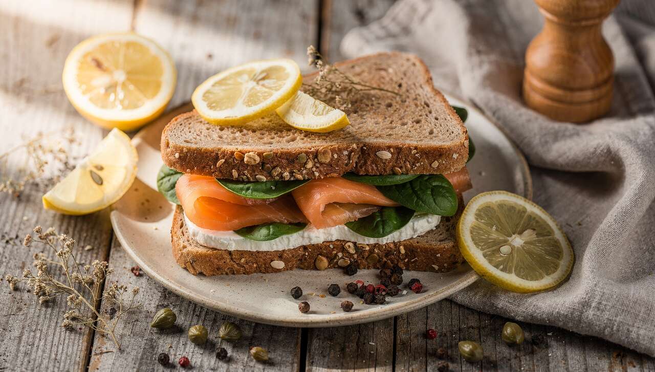 Sandwich léger au saumon fumé, épinards et fromage frais