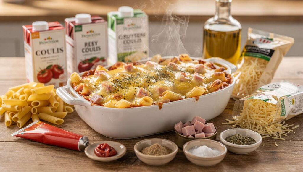 Recette de gratin de macaroni à la sauce tomate et jambon