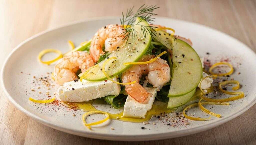 Salade fraîcheur : crevettes, pomme verte et fromage frais