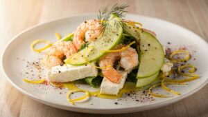 Salade fraîcheur : crevettes, pomme verte et fromage frais
