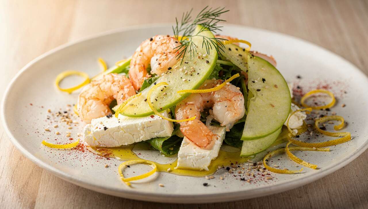 Salade fraîcheur : crevettes, pomme verte et fromage frais