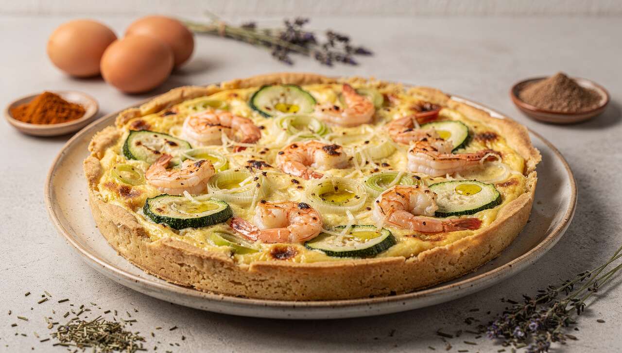 Quiche sans pâte légère : poireaux, courgettes et crevettes