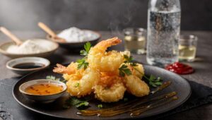 Beignets de crevettes tempura, sauce aigre-douce légère