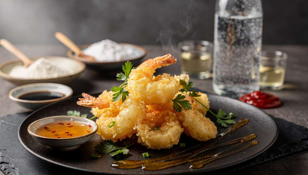 Beignets de crevettes tempura, sauce aigre-douce légère