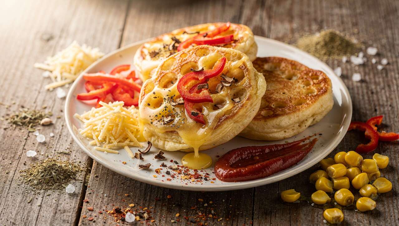 Crumpets dorés aux légumes et fromage : recette gourmande